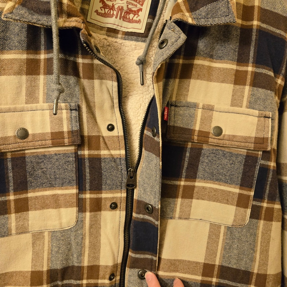 Levis Mens Hooded Flannel Sherpa Lined Plaid Shirt Jacket Tan Brown Blue Large - Picture 2 of 8